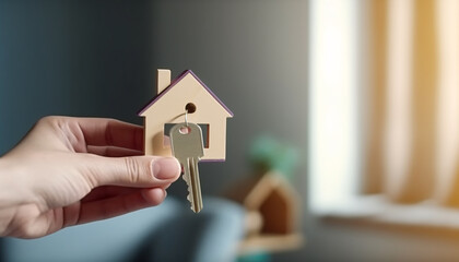 Key with keychain in hand, moving to a new home, generated AI