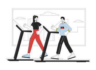 People on treadmill flat line concept vector spot illustration. Sportsmen in gym 2D cartoon outline characters on white for web UI design. Healthy lifestyle editable isolated colorful hero image