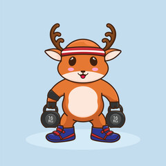 Cartoon Illustration of a cute deer Lifting kettlebells