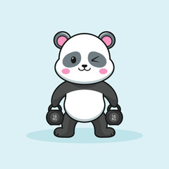 Cartoon panda bear Engaging in Sports Activities, Lifting kettlebells