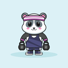 Cute panda bear Cartoon Illustration Rocking Fitness and kettlebells Lifting