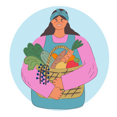 Happy woman with a basket of vegetables and fruits. The concept of harvesting or Vegetarianism. Close-up flat illustration. Isolated vector