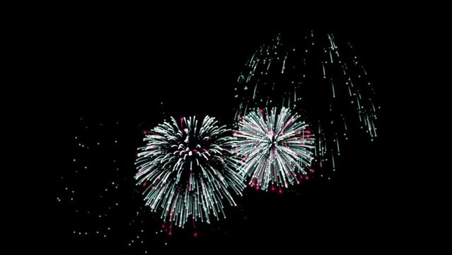 Animated Fireworks Background, bokeh light in the night sky. glowing fireworks show in the night sky. 4K New Year animation