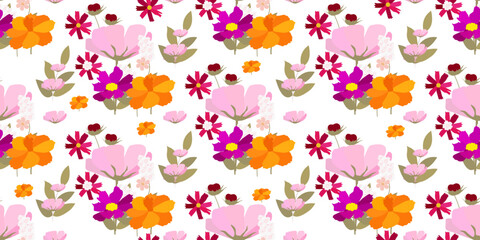 Seamless floral pattern with purple and orange and pink flowers. Print for fabric. Textile pattern.