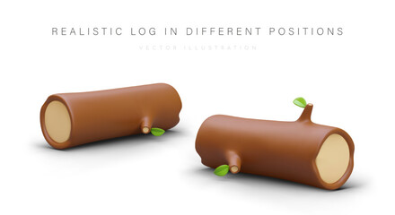 Realistic log in different positions. Sawn tree trunks with green leaves. Materials for forestry, lumber industry. Isolated vector image on white background. 3D illustration with shadows © ArtHub02