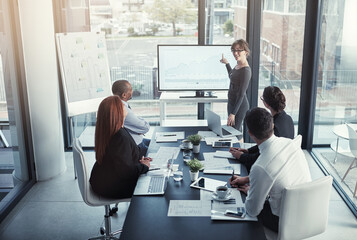 Business woman, meeting and corporate presentation, financial charts or graphs for accounting profit, increase or sales. Finance, statistics and people, clients or manager show report on tv screen