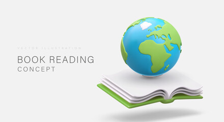 Whole world in book. Earth on top of open volume. Vector concept of reading books. Poster on light background with place for text. Ability to read, find information, develop