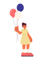 Little girl in summer dress holding balloons semi flat colorful vector character. US national holiday. Editable full body person on white. Simple cartoon spot illustration for web graphic design