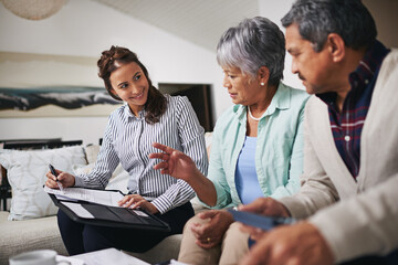 Meeting, senior couple and financial advisor or woman for asset management, retirement planning and...