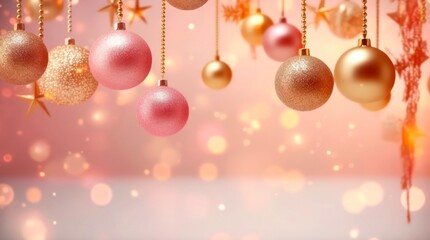 Fototapeta na wymiar Christmas holiday banner with hanging pink festive decorations on blurred pink background. Generative AI.