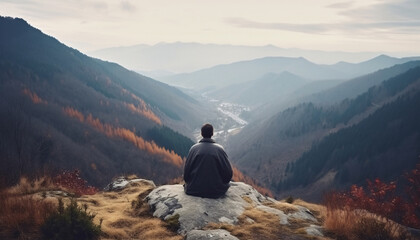 Man yoga meditation sitting on a rock in the mountains in nature, mental health care concept. AI generated.