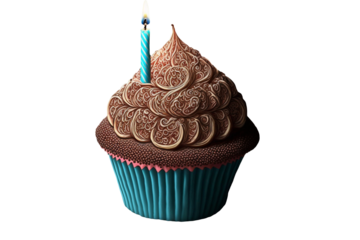 Deliciously Cupcake Topped with a Lit Candle in Blue and Brown Color. Birthday Celebration. Generative AI.