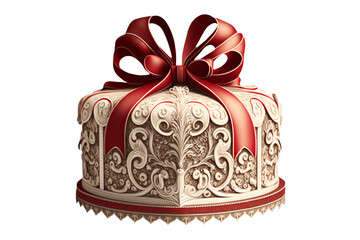 Filigree Piping Cake Topped with Red Loop Bow for Any Celebration. Generative AI.