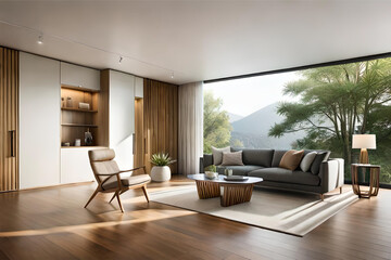 Fototapeta premium Interior design of a tropical-inspired living room with vibrant botanical prints, natural materials,nature inspired and pops of green for a fresh and exotic ambiance | Generative AI