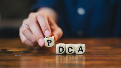 Concept of PDCA, plan do check action. Business planning, work flow. Company strategy management development. Process work cycle. Success, goal and target process. Organization work step analysis.