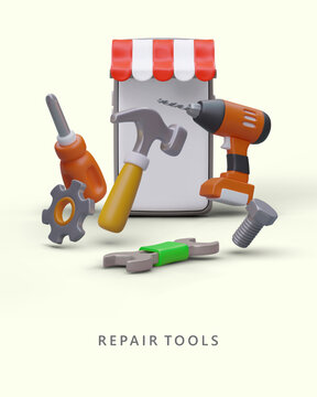 Tools for repair and restoration work. Equipment for painting, redesign. Vertical advertising of phone application. Online tool shop. Realistic illustration in plasticine style