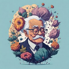 A fantasy watercolor painting of old businessman with flower bubble spinning background.Generative AI