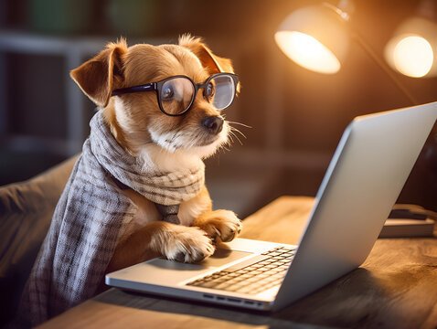 Illustration of a creative dog working on a laptop at home at late hours. Jack russel terrier dog working on a gasion project on a laptop computer wearing glasses and scarf. AI generated