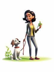 A 3D character. Woman happily walking her dog on a sunny day. Isolated on white cartoon character. Generative AI
