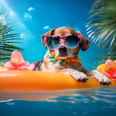 Serious stylish beagle dog in sunglasses resting on inflatable mattress in a swimming pool by the sea or river in summer holiday vacation. Cool dog chilling in a pool on a hot summer day. AI generated