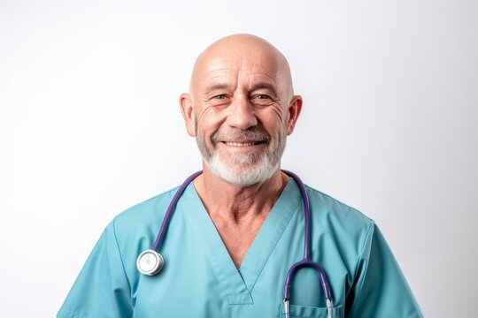 Portrait of a senior male doctor with stethoscope on white background