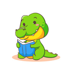 Cute crocodile reading book cartoon character on white background vector illustration. Funny Alligator Predator Green Adorable animal concept design.