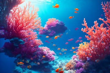 Naklejka na ściany i meble Vibrant underwater art: coral reefs, marine creatures, shimmering sunlight - an immersive AI-generated masterpiece.