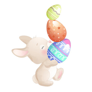 Happy Easter with Easter Egg Cute Rabbit watercolor illustration