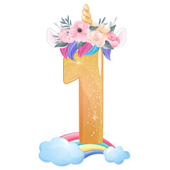 Cute unicorn birthday decorate party number 1 watercolor illustration