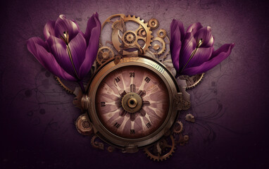 floral, vintage background, flover, products, enginer, generative, ai, steampunk, background, clockwork, brooch, toulip, violet