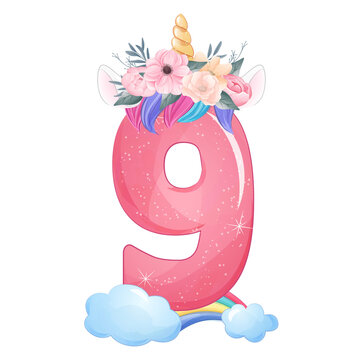 Cute unicorn birthday decorate party number 9 watercolor illustration