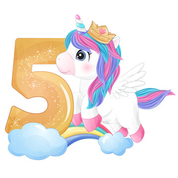 Cute unicorn with number 5 watercolor illustration