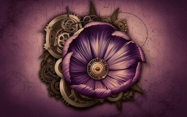 floral, vintage background, flover, products, enginer, generative, ai, steampunk, background, clockwork, brooch, toulip, violet