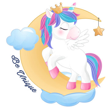 Cute unicorn on the cloud with moon watercolor illustration