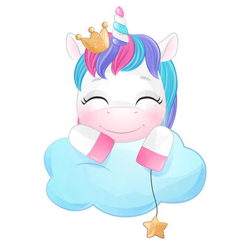 Cute unicorn on the cloud with star watercolor illustration