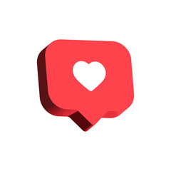 Heart in 3d speech bubble icon background. like heart social media notification icons 3d modern, love like chat bubbles social network post reactions - favorite hearts, 3d rendering, 3d illustration