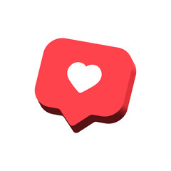 Heart in 3d speech bubble icon background. like heart social media notification icons 3d modern, love like chat bubbles social network post reactions - favorite hearts, 3d rendering, 3d illustration