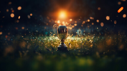 textured field with a soccer cup in the center at sunrise - success concept. Generative ai  - obrazy, fototapety, plakaty