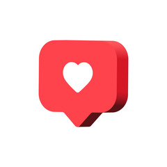 Heart in 3d speech bubble icon background. like heart social media notification icons 3d modern, love like chat bubbles social network post reactions - favorite hearts, 3d rendering, 3d illustration