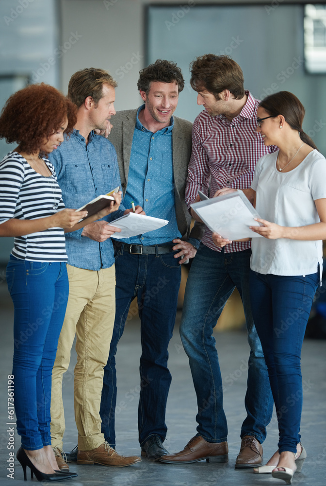 Aufkleber Team planning, discussion or developers with ideas in meeting for brainstorming as a group in office. Diversity, people or programmers networking with technology, notes or documents in workplace