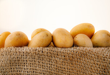 frische, rohe, junge Kartoffeln im Sack, Jutesack. Detailaufnahme mit selektiver Schärfe auf dem groben Stoff und den vorderen Kartoffeln