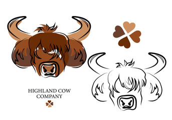 Highland breed cattle, cow. Cute Scottish cattle isolated on white background. Design element for logo, poster, card, banner, emblem, t shirt. Vector illustration.