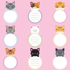 Flat colored adorable and simple cat heads with front paws holding a circle note