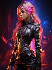 Fototapeta na wymiar Cosplay girl in leather pants and jacket game character