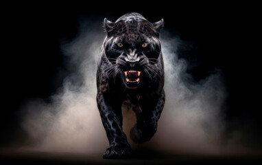 Portrait of a angry black panther with open mouth on a black background. Generative AI