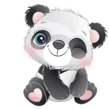 Cute panda poses watercolor illustration