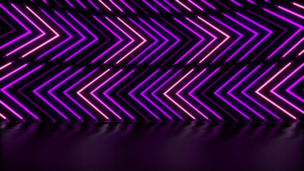 Neon lights retro purple glowing arrow shaped on floor abstract background.