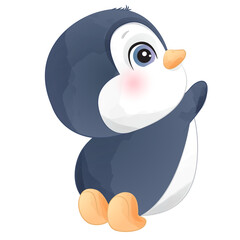 Cute penguin poses watercolor illustration