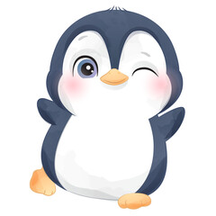 Cute penguin poses watercolor illustration