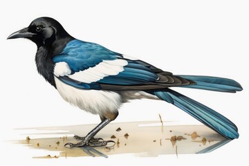 Watercolor painted magpie on a white background. - obrazy, fototapety, plakaty